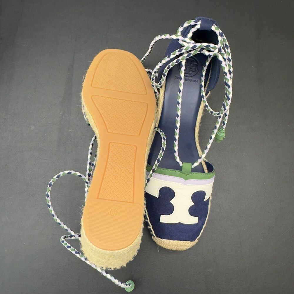Tory Burch Laguna Espadrille Wedge Shoes Navy Blue Green Lace Up 8.5 NEW - Picture 6 of 9